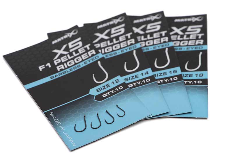 Load image into Gallery viewer, Matrix X5 - F1 Pellet Rigger Hooks Barbless Eyed
