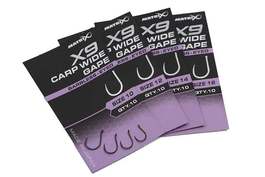 Matrix X9 - Carp Wide Gape Hooks Barbless Eyed
