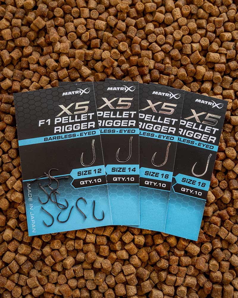 Load image into Gallery viewer, Matrix X5 - F1 Pellet Rigger Hooks Barbless Eyed

